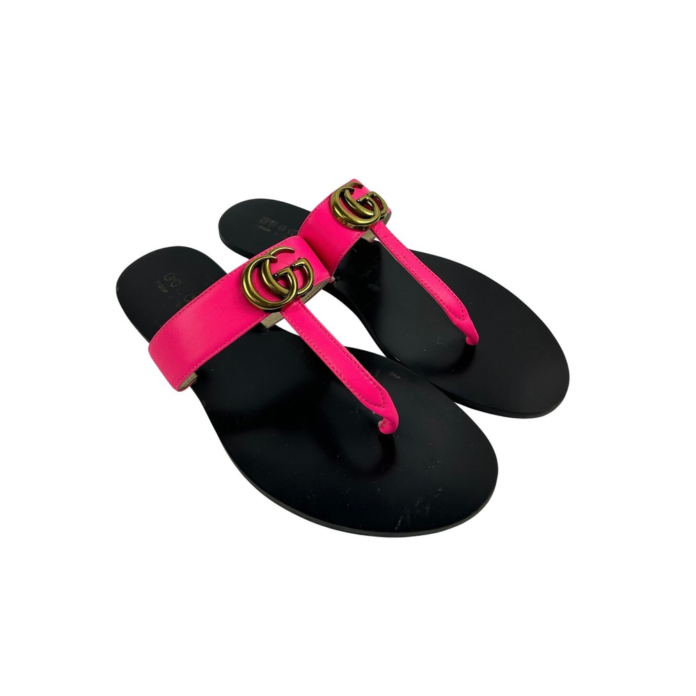 Gucci Marmont Neon Pink Leather GG Logo Thong Flat Sandals Size 41/10.5‎